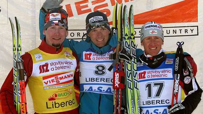 Stupně vítězů závodu mužů v Liberci: 1. Gaillard (Francie), 2. Bauer (Česko), 3. Hoffmann (Rakousko).