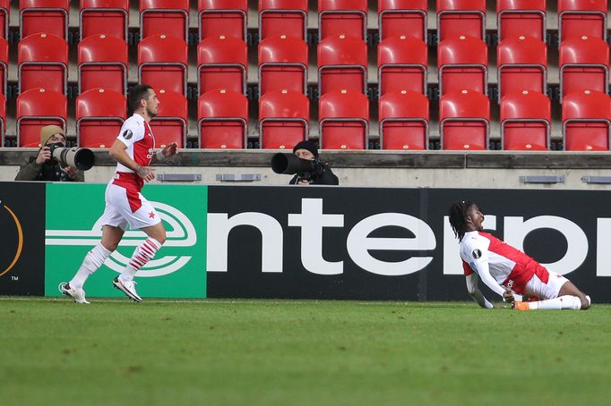 Slávistická radost v zápase Evropské ligy Slavia Praha - Bayer Leverkusen