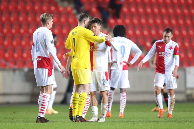 Slávistická radost v zápase Evropské ligy Slavia Praha - Bayer Leverkusen