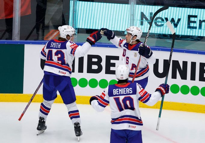 Američané slaví gól v zápase MS 2025 Česko - USA