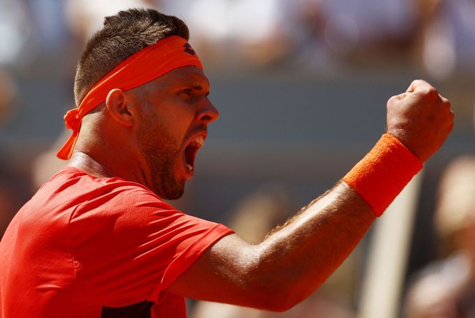 Tennis - French Open - Roland Garros, Paris, France - May 28, 2023 Czech Republic's Jiri Vesely reacts during his first round match against Greece's Stefanos Tsitsipas RE