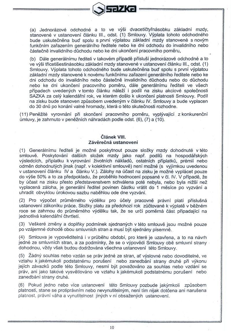 Pracovní smlouva generálního ředitele Sazky Aleše Hušáka