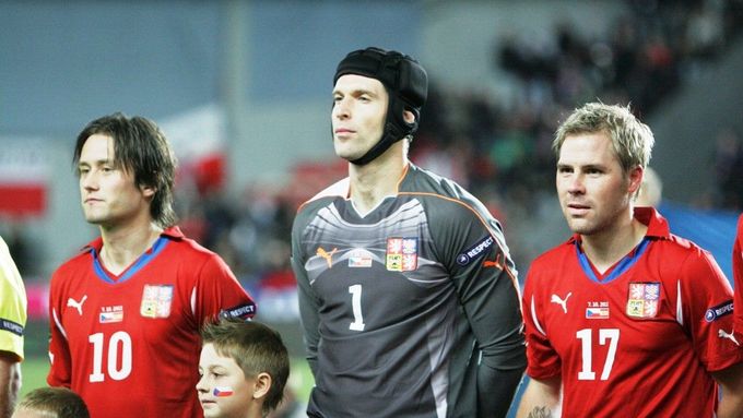 Tomáš Rosický, Petr Čech a Tomáš Hübschman před utkáním se Španělskem.