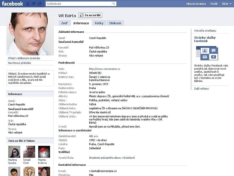 Falešný profil Víta Bárty na Facebooku