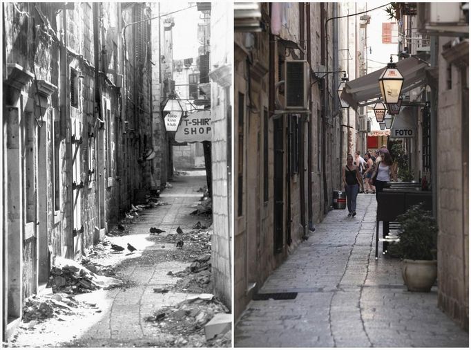 A combination picture shows a street in Old Town in 1991 (L) and a tourist walking through the same street in 2012, in Dubrovnik. The city of Dubrovnik was severely damaged due to shelling by Serb-dominated Yugoslav troops during Croatia's 1991-95 war of independence. REUTERS/Antonio Bronic (CROATIA - Tags: CIVIL UNREST CONFLICT TRAVEL)