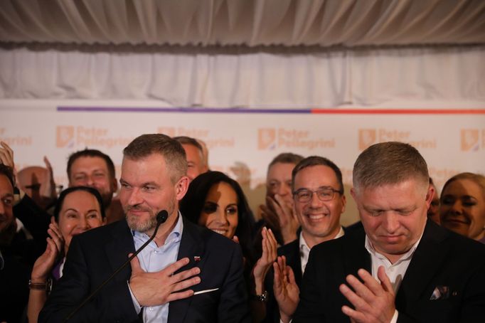 Peter Pellegrini na tiskové konferenci po výhře v prezidentských volbách na Slovensku.