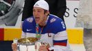 Russia's Alexander Ovechkin celebrates with the trophy after winning their men's ice hockey World Championship final game against Finland at Minsk Arena in Minsk May 25,