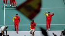 Tennis - Davis Cup Finals - Final - Caja Magica, Madrid, Spain - November 24, 2019   Spain's Rafael Nadal celebrates with the team after winning his match against Canada'