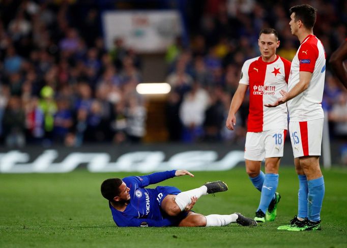 fotbal, odveta čtvrtfinále Evropské ligy, Chelsea - Slavia, faul na Edena Hazarda