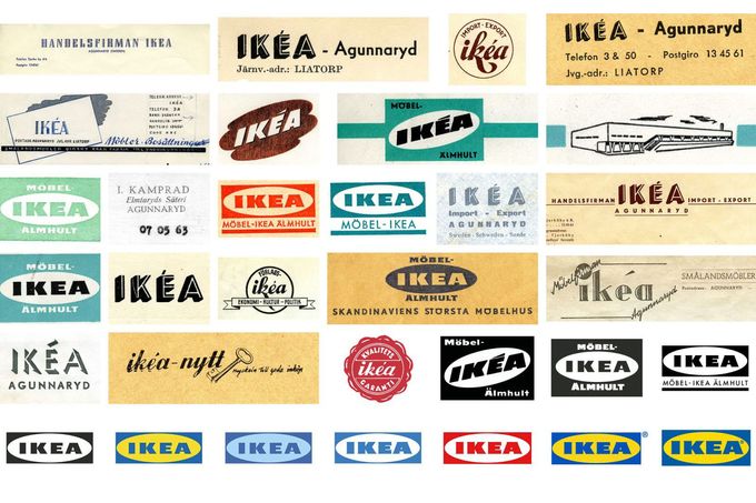 Grafická koláž zobrazující postupný vývoj loga švédské společnosti Ikea.