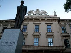Towering figure. The statue of the first president in front of the Brno university bearing his name