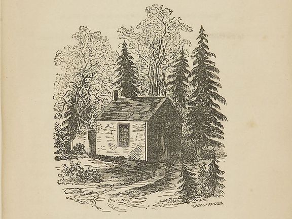 Srub u jezera Walden na kresbě Thoreauovy sestry Sophie.