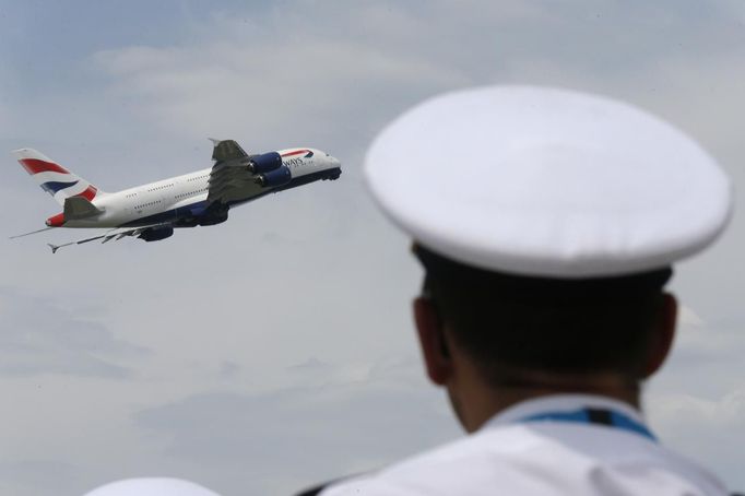 British Airways Airbus A380, the world's largest jetliner, lands after a flying display during the 50th Paris Air Show at the Le Bourget airport near Paris