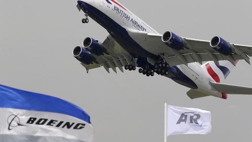 British Airways A380 takes off for a flying display during the 50th Paris Air Show, at Le Bourget airport near Paris,