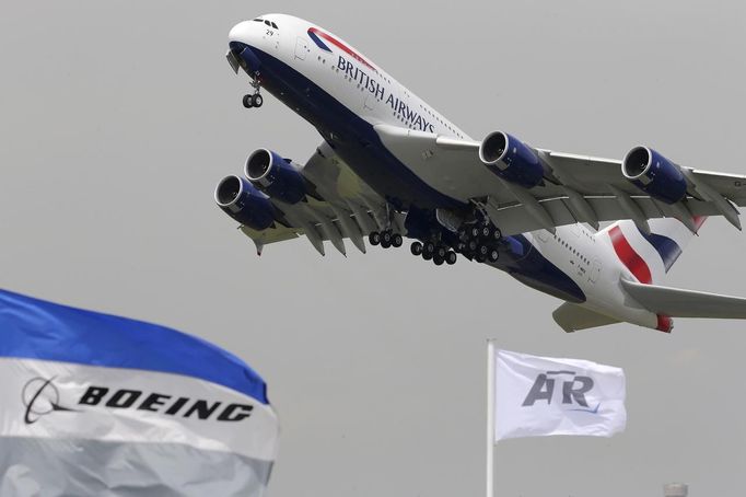 British Airways A380 takes off for a flying display during the 50th Paris Air Show, at Le Bourget airport near Paris,