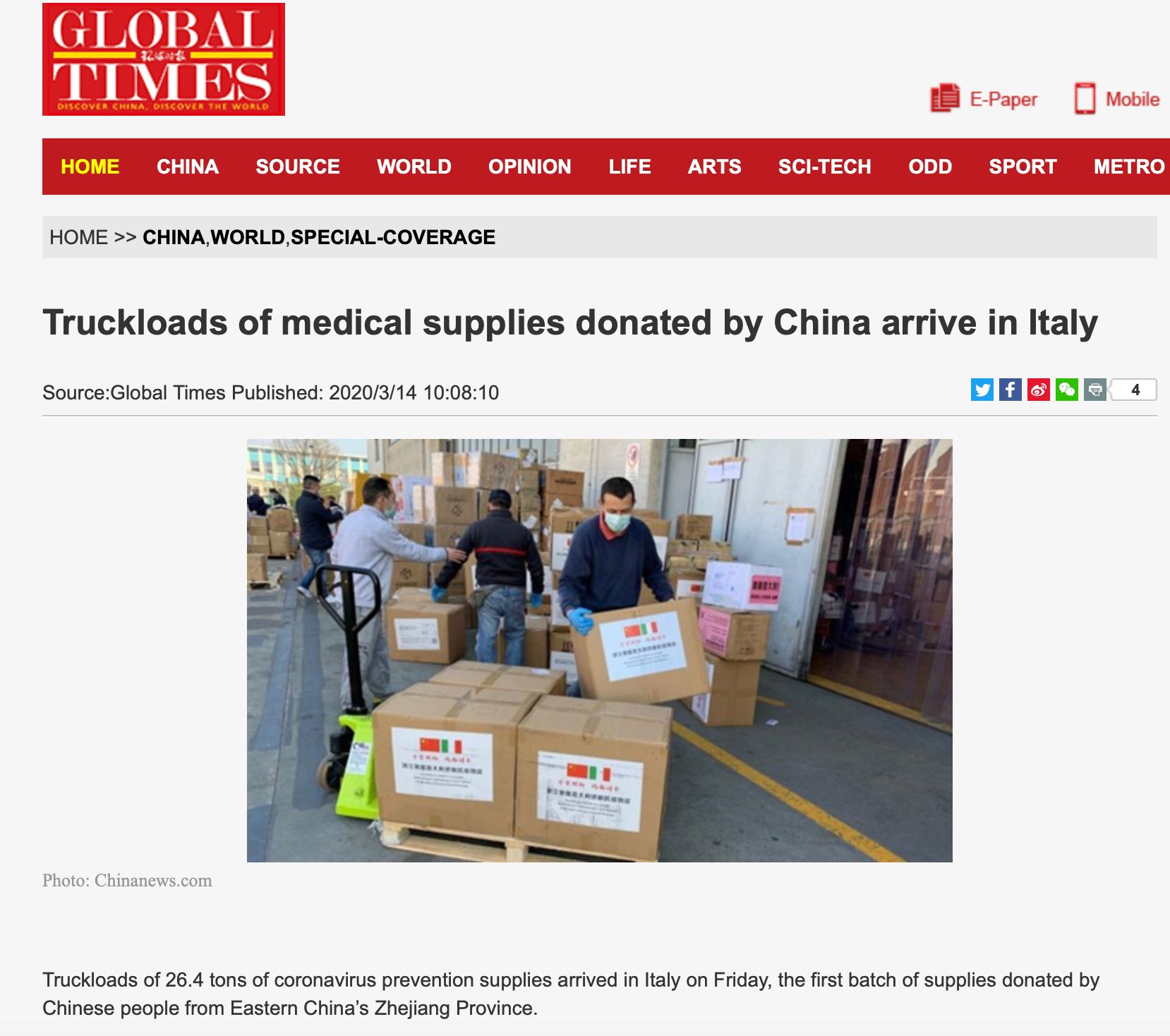 Chinese medical aid shipment arrived in Italy, according to media reports.