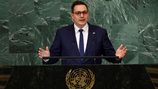 Český ministr zahraničí Jan Lipavský při projevu na zasedání Valného shromáždění OSN v New Yorku.