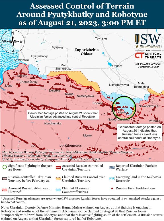 Mapa ISW znázorňuje ruské obranné linie na jižní frontě v Záporožské oblasti.