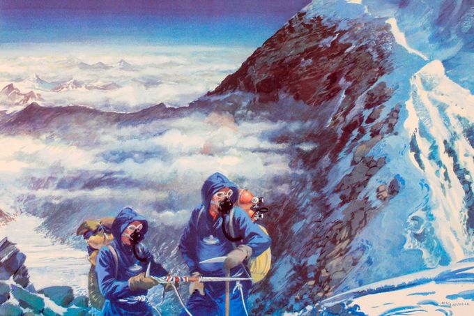 Hillary a Tensing se blíží k vrcholu Mount Everestu. Květen 1953, dobová ilustrace