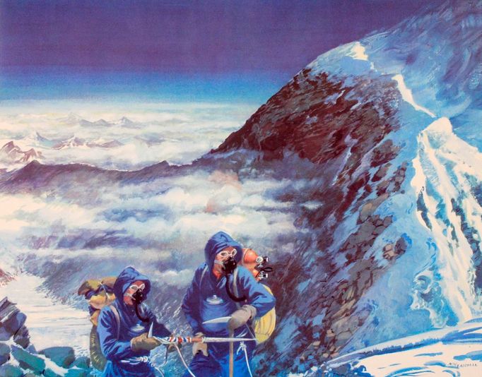 Hillary a Tensing se blíží k vrcholu Mount Everestu. Květen 1953, dobová ilustrace