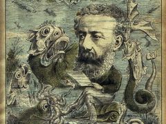 Karikatura Julese Vernea ve francouzském časopise z roku 1884.
