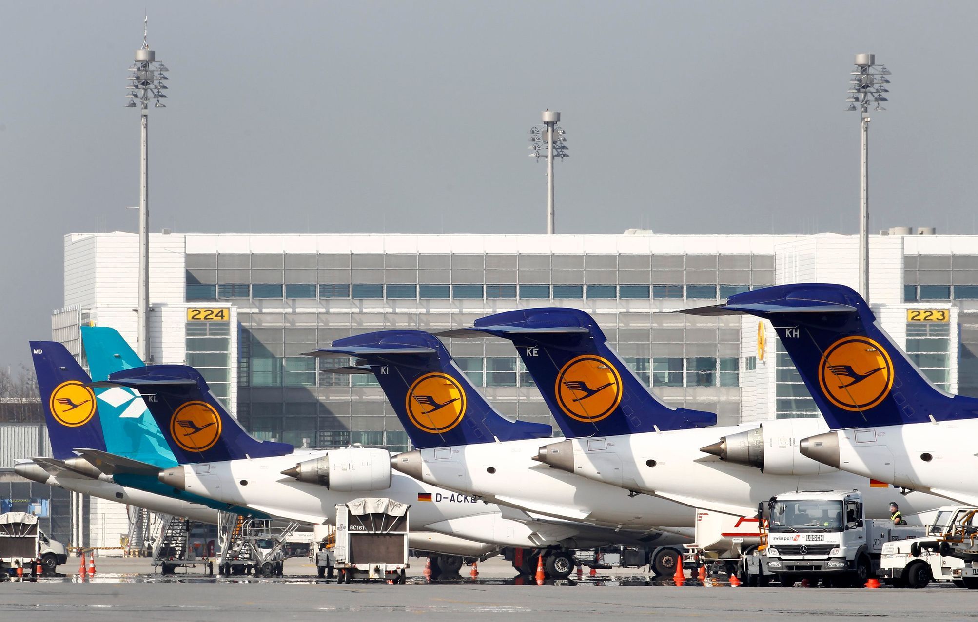 Aircraft of German airline Lufthansa are parked on apron during strike at Munich's airport