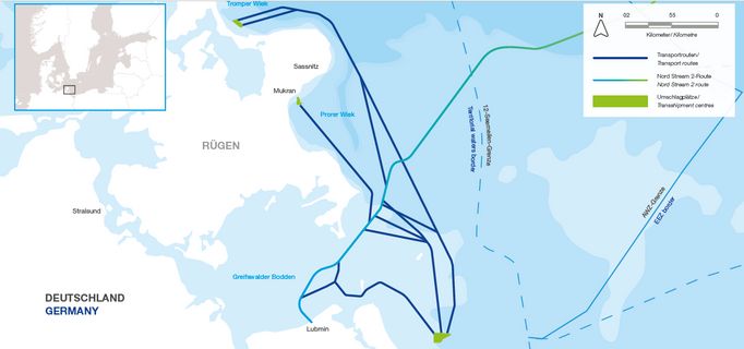 Mapa plynovodu na německém pobřeží