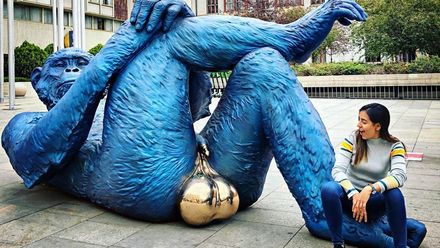 Opice s obřími zlatými varlaty vyvádí z míry turisty před hotelem Intercontinental