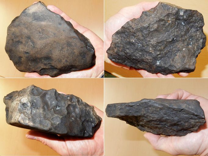 Detailní pohled na největší nalezený meteorit Stubenberg (1320 g) ze čtyř různých stran.