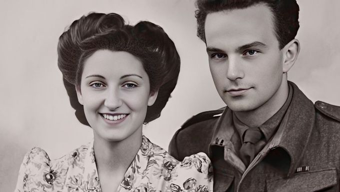 Yvonne a Karel Šebesťákovi krátce po svatbě v Anglii v roce 1944.