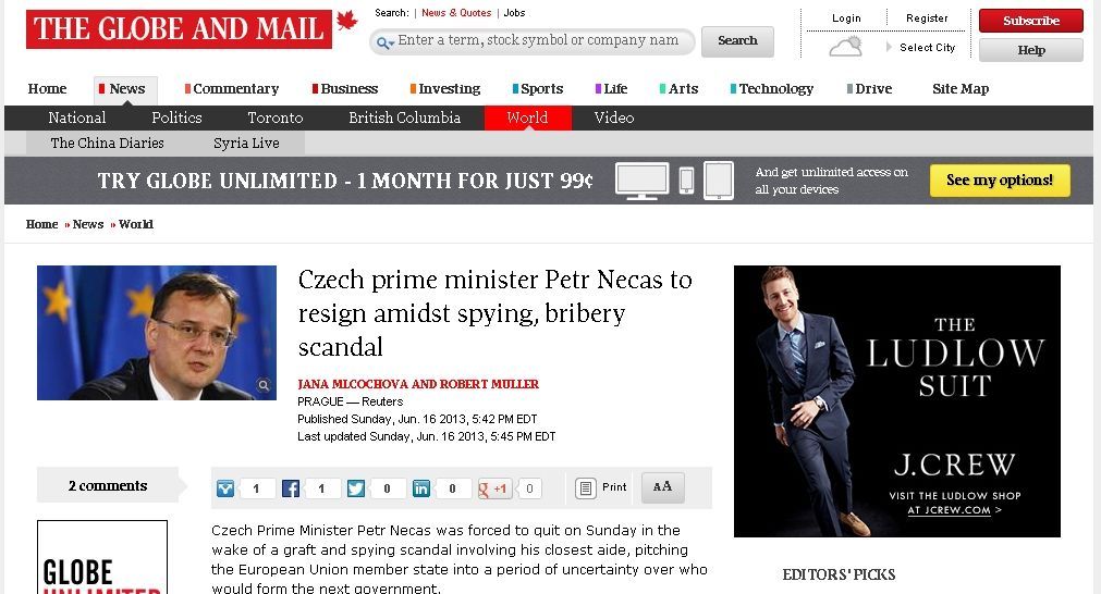 Nečas - rezignace - Globe and Mail