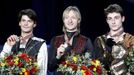 A všichni medailisté (zleva) Stephane Lambiel, Jevgenij Pljuščenko, Brian Joubert