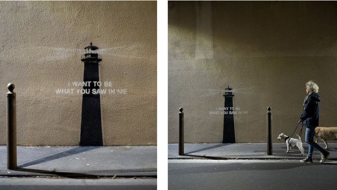 Umělec Banksy odhalil nové dílo. Fotografie na Instagramu zobrazují maják na šedivo-béžové zdi spolu se slovy: "Chci být tím, za co jsi mě považoval".
