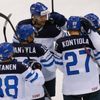 Finland's Hietanen celebrates scoring against Canada during men's ice hockey World Championship quarter-final game in Minsk