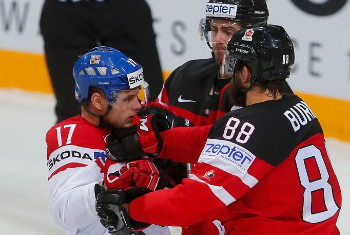 Canada's Brent Burns (R) scuffles with Vladimir Sobotka of the Czech Republic during their Ice Hockey World Championship semifinal game at the O2 arena in Prague, Czech R