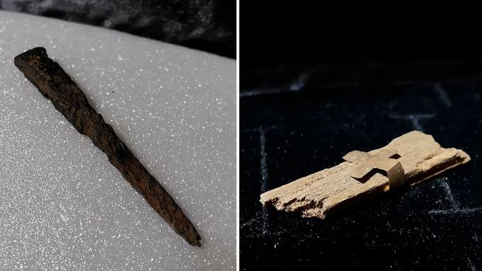 Hřeb, zlatá destička a dřevo ze 4. století, které archeologové nalezli v milevském kostele.