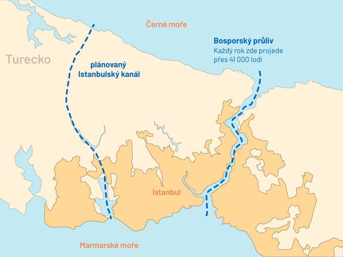 Plánovaná poloha Istanbulského kanálu na mapě.