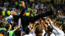 Real Madrid's coach Carlo Ancelotti is thrown in the air by his team after defeating Atletico Madrid in their Champions League final soccer match at Luz stadium in Lisbon