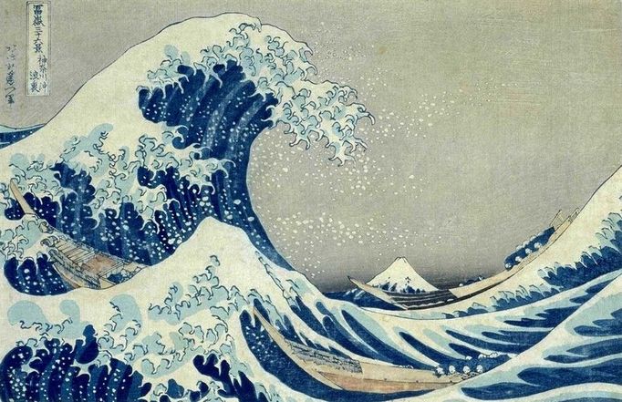 Kacušika HOKUSAI. Velká vlna v Kanagawě, 1831; barevný dřevořez, NG v Praze