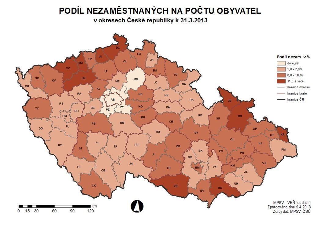 Nezaměstnanost březen 2013 - podíl nezaměstnaných podle krajů