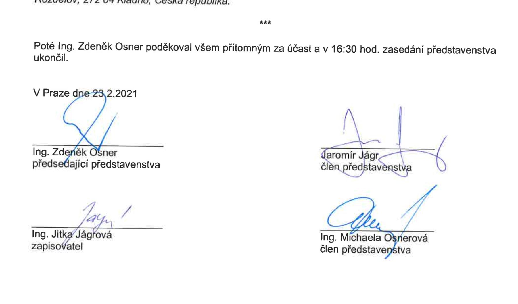 Podpis Jaromíra Jágra na zápisu, díky kterému se stal místopředsedou představenstva Energie.