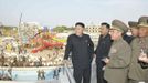 North Korean leader Kim Jong-Un inspects the construction site of the Munsu Swimming Complex