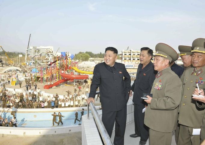 North Korean leader Kim Jong-Un inspects the construction site of the Munsu Swimming Complex