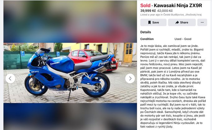 Kawasaki Ninja ZX9R, kterou za 40 tisíc prodal Ladislav Vrabel.