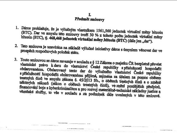 Část darovací smlouvy, kterou ministerstvo Pavla Blažka přijalo bitcoiny v hodnotě jedné miliardy.