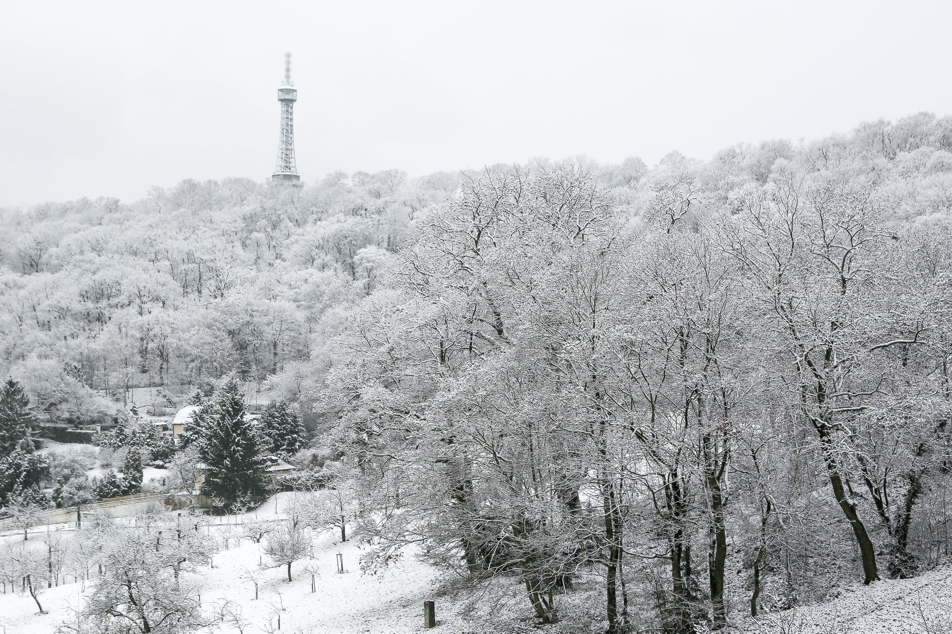 Zasněžená Praha, sníh, panorama, zima, leden 2021, Petřín