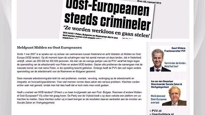 Stránka, na které Geert Wilders vyzývá k udávání lidí ze střední a východní Evropy.