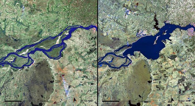 http://climate.nasa.gov/state_of_flux#Damimpact_Paraguay.jpg Dam impact, Paraguay The Yacyretá-Apipé dam is a hydroelectric plant on the Yacyretá-Apipé falls of the Paraná River, between Argentina and Paraguay. Its construction displaced human populations and affected both aquatic and terrestrial wildlife habitats. The availability of reservoir water for irrigation has led to the establishment of extensive, industrial agriculture, which has increased urban growth and pressure on watercourses. The dam also causes problems for the Iberá Wetlands, one of the most important wetlands in South America, whose delicate equilibrium allows a high level of biodiversity as well as water for human consumption. The 2008 image shows the Yacyretá reservoir and the increased number of cultivated parcels near the reservoir's edge. Source: United Nations Environment Programme (UNEP). From Latin America and the Caribbean Atlas of our Changing Environment (2010).