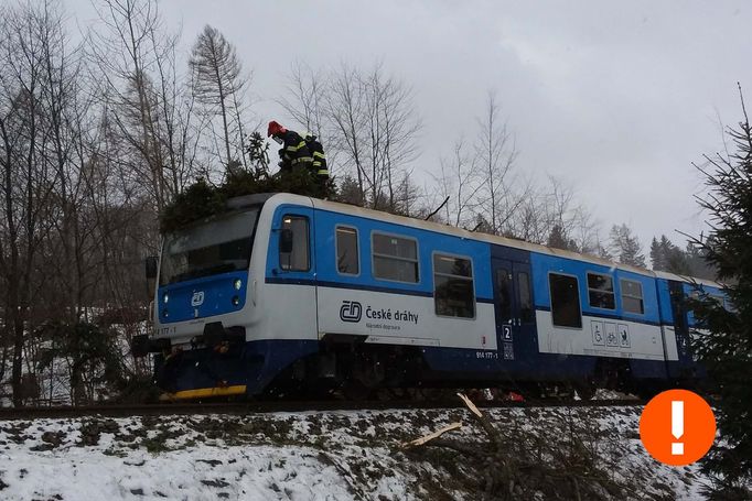 Kvůli silnému větru zůstávají na kolejích popadané stromy. 30. 1. 2022