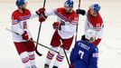 Jaromir Jagr of the Czech Republic (C) celebrates his goal against France with team mates during the second period of their men's ice hockey World Championship Group A ga